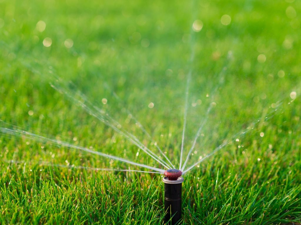 KNK Irrigation sprinkler system watering a green residential lawn in Grey Bruce